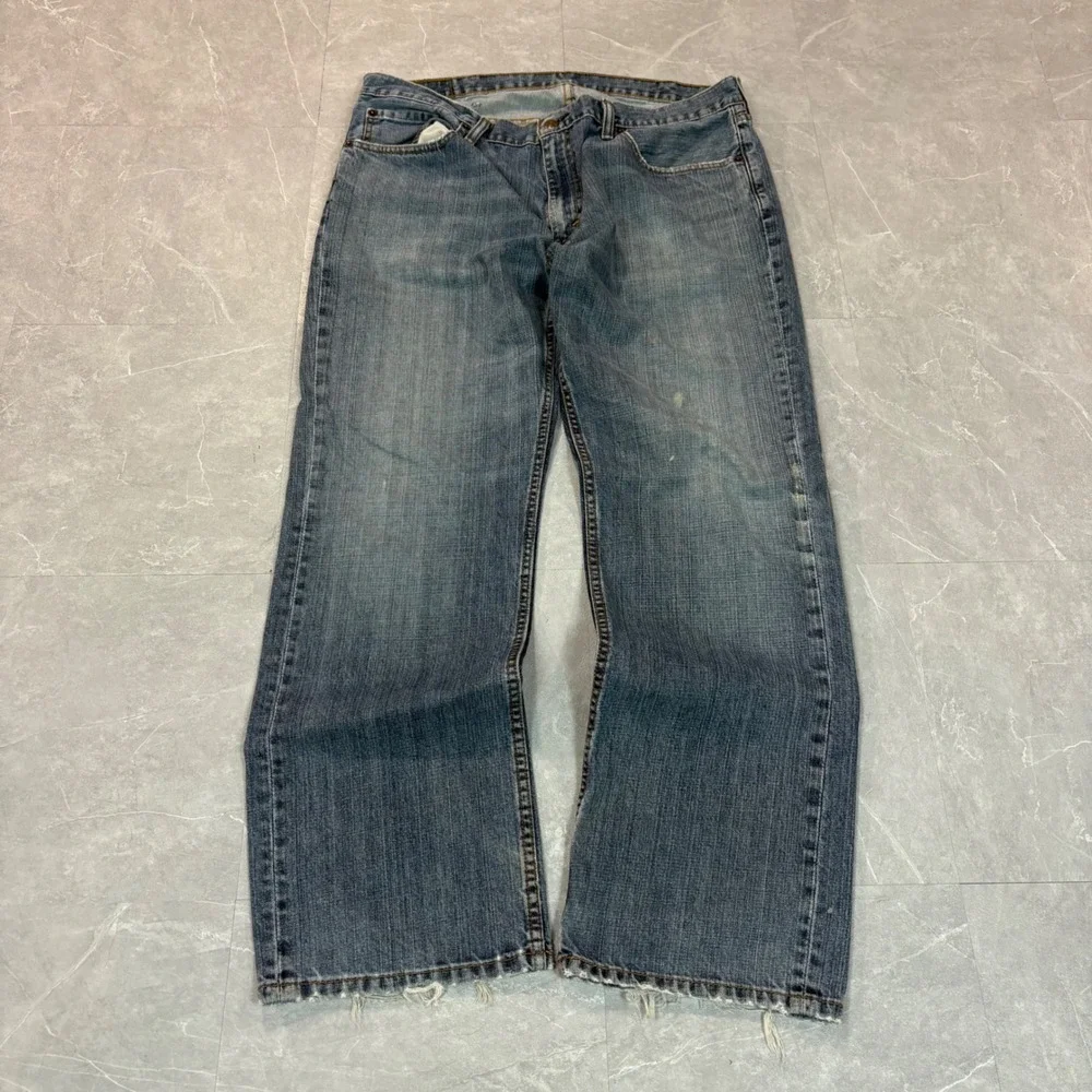 Levis 559 Relaxed Straight Jeans Mens 38x32 Medium Wash Distressed Blue Denim